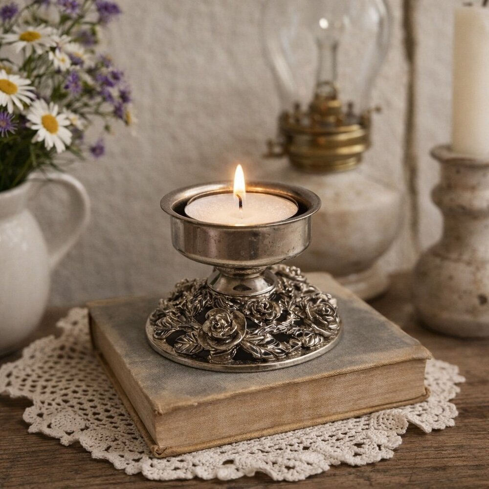 Vintage Silver Tone Rose Tea Light Holder Floral Metal Candle Holder Decor